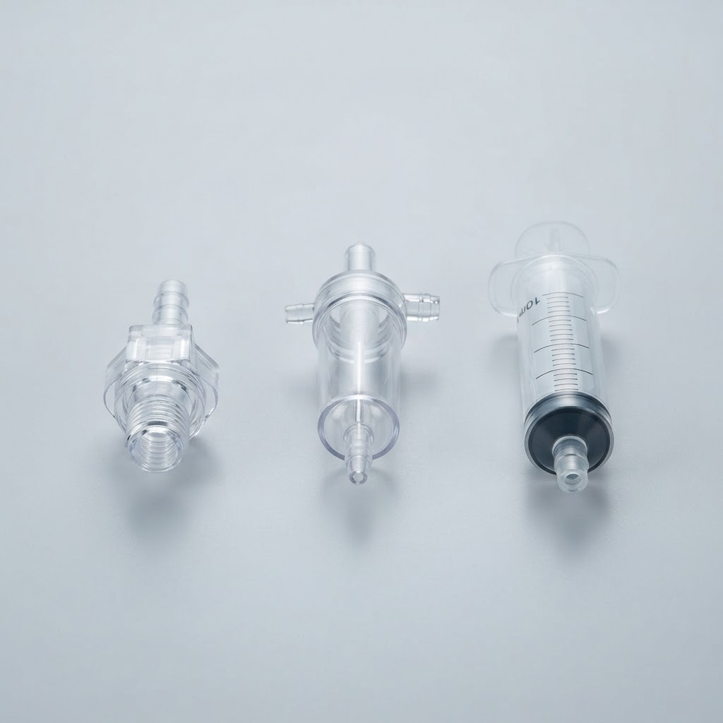 Transparent medical-grade polycarbonate components including a luer-lock connector, IV drip chamber and syringe barrel